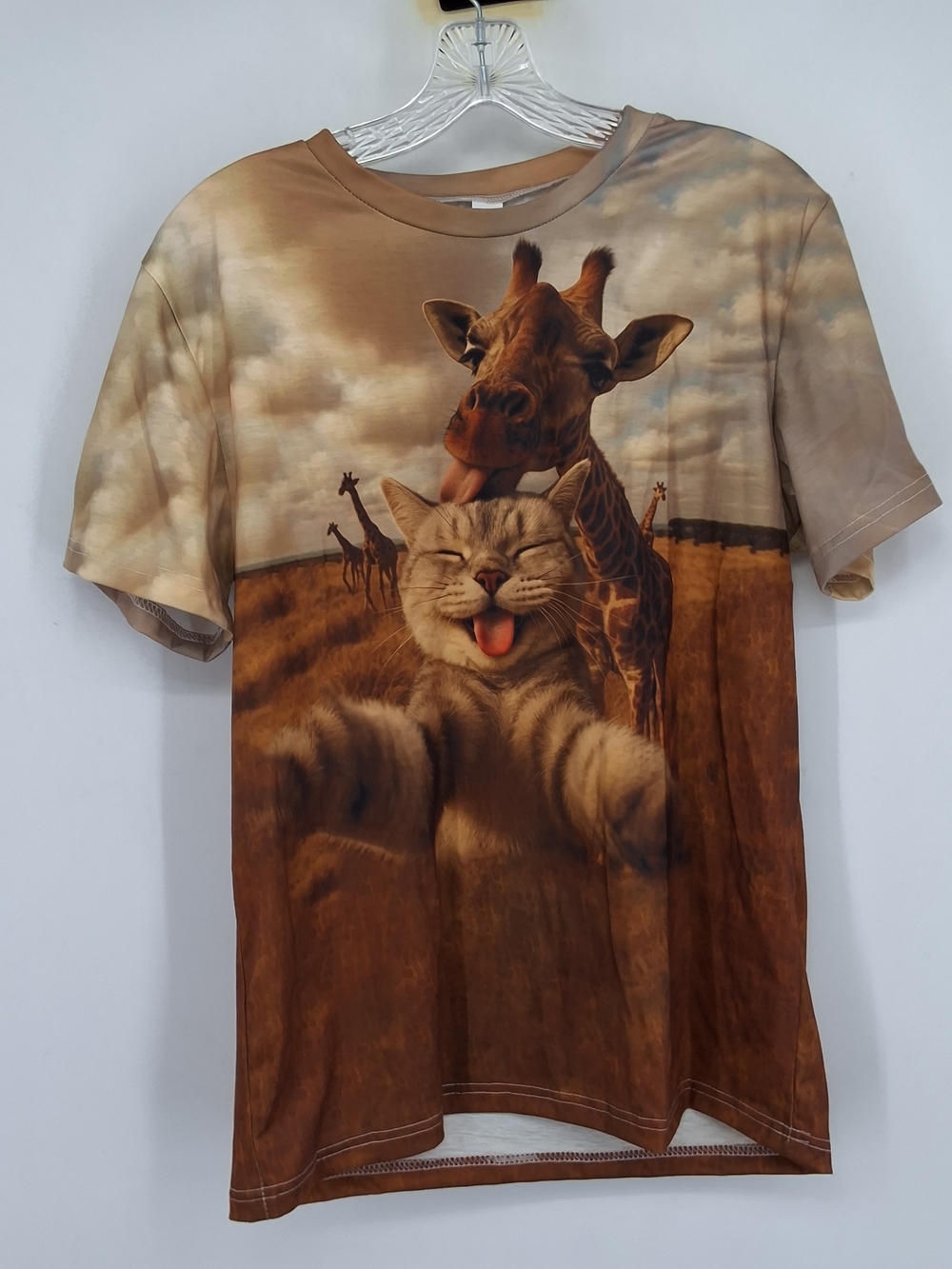 Adults Small' Short Sleeve Cat & Giraffe Graphic Tee - Brown